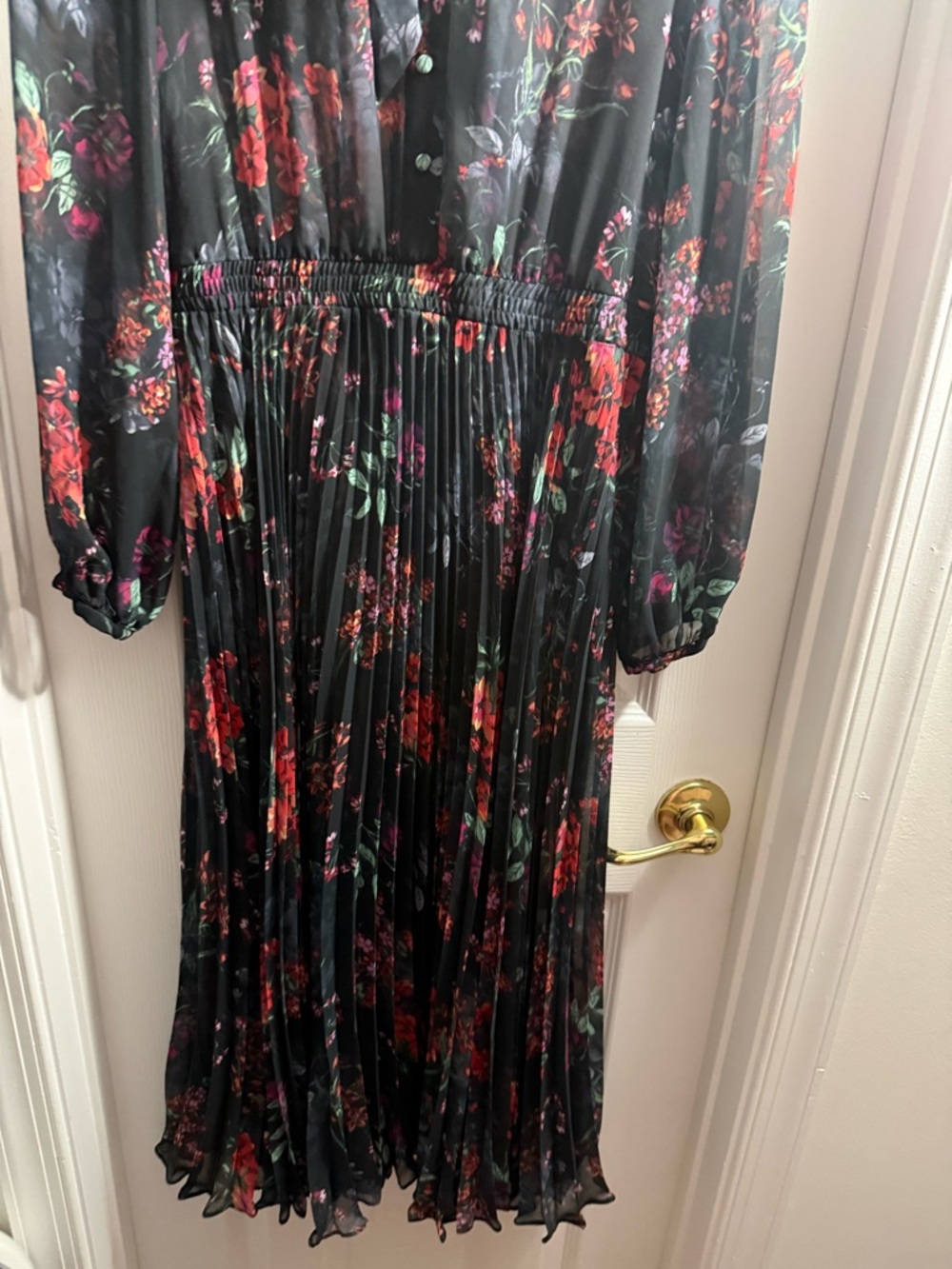 BCBGMaxAzria Sheer Black Floral Tie-Neck Pleated Maxi Dress (SKU0075) - Picture 4 of 6
